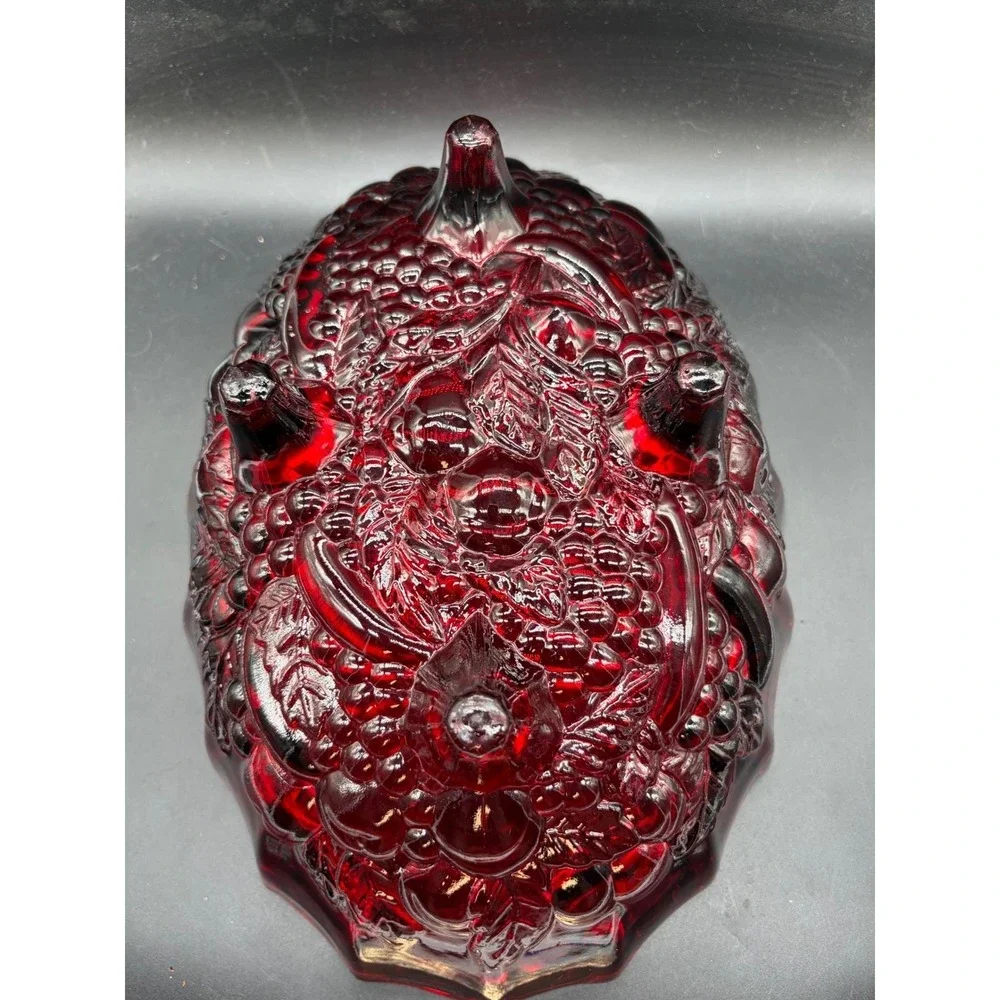Vintage Ruby Red Amberina Glass Footed Bowl Scalloped Fruit Pattern Centerpiece